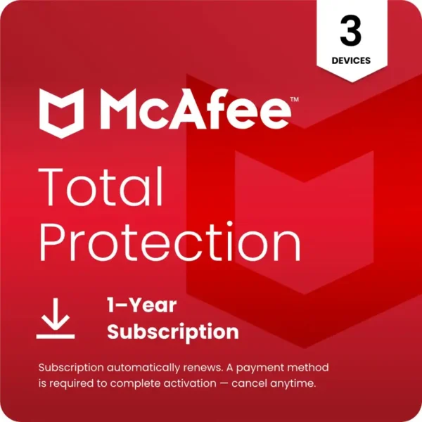 McAfee - Total Protection (3-Device) Antivirus Software with Scam Protection (1-Year Subscription with Auto-Renewal) - Android, Apple iOS, Chrome, Mac OS, Windows [Digital]